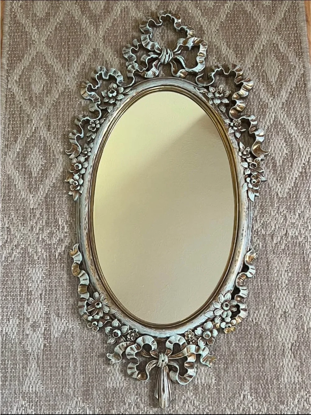 Vintage Syroco Gold Blue Painted Baroque Style Floral Ribbon Oval Wall Mirror